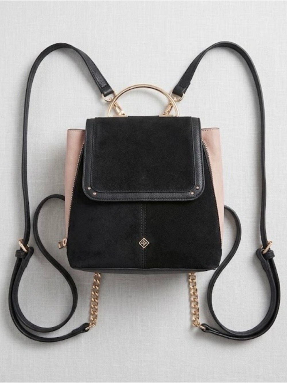 Call It Spring Black Blush Suede Mini Backpack Purse Gold Chain